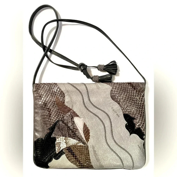 Vintage Carlo Fiori of Italy Purse Shoulder / Clutch Grays/Browns Reptile Skin - Picture 2 of 11